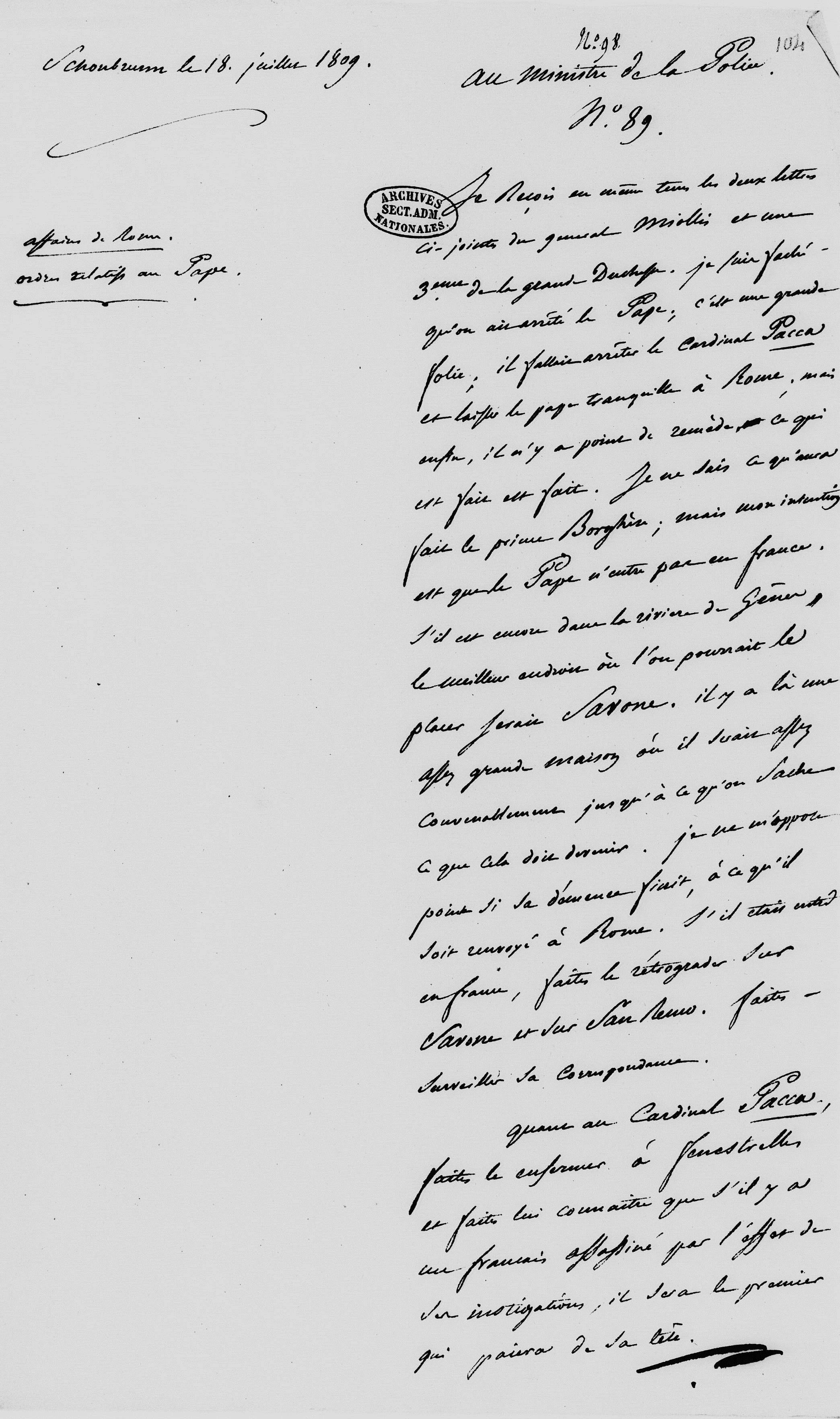 Minute de Napoléon à Fouché