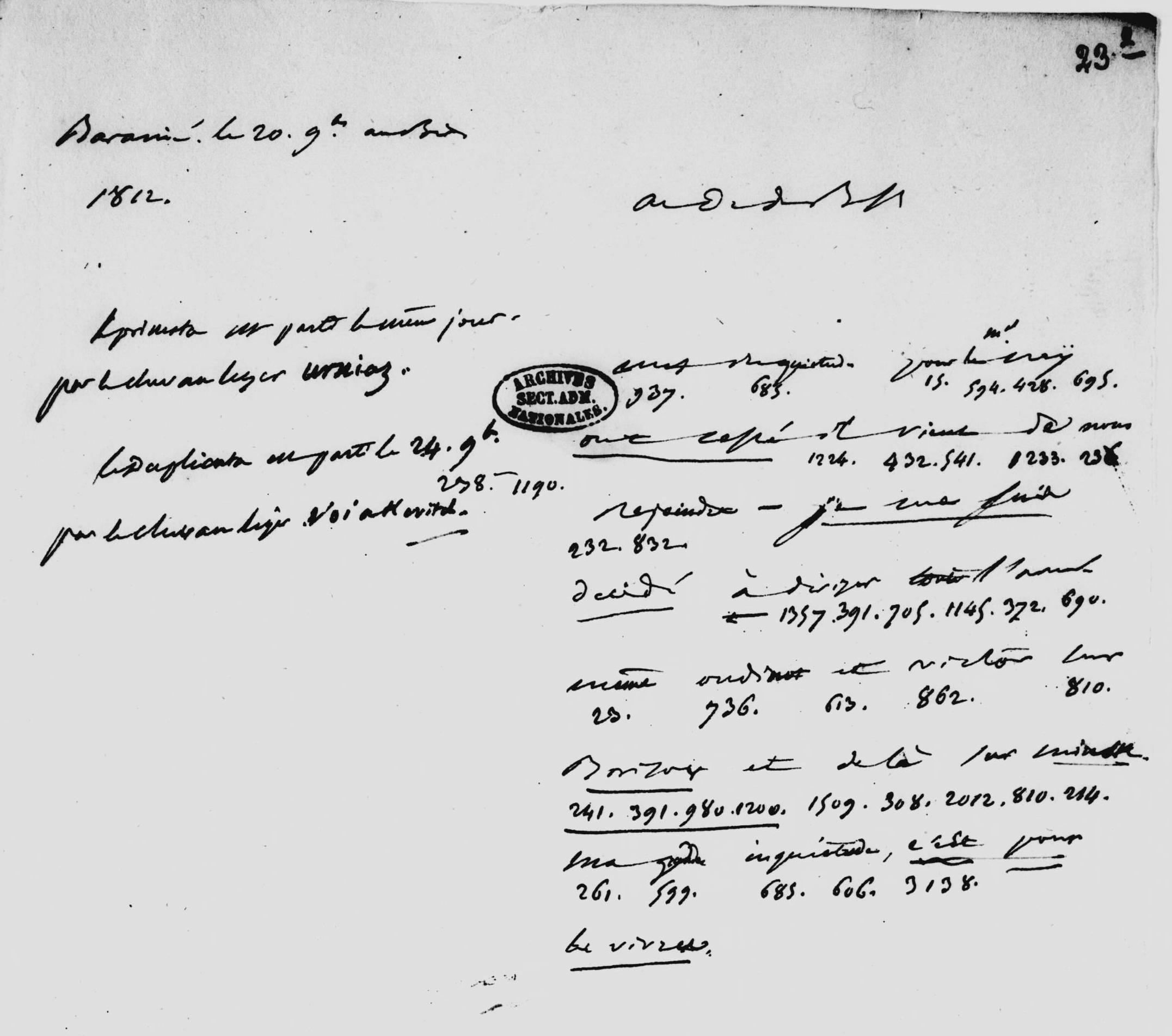 Minute de lettre de Napoléon à Maret, novembre 1812