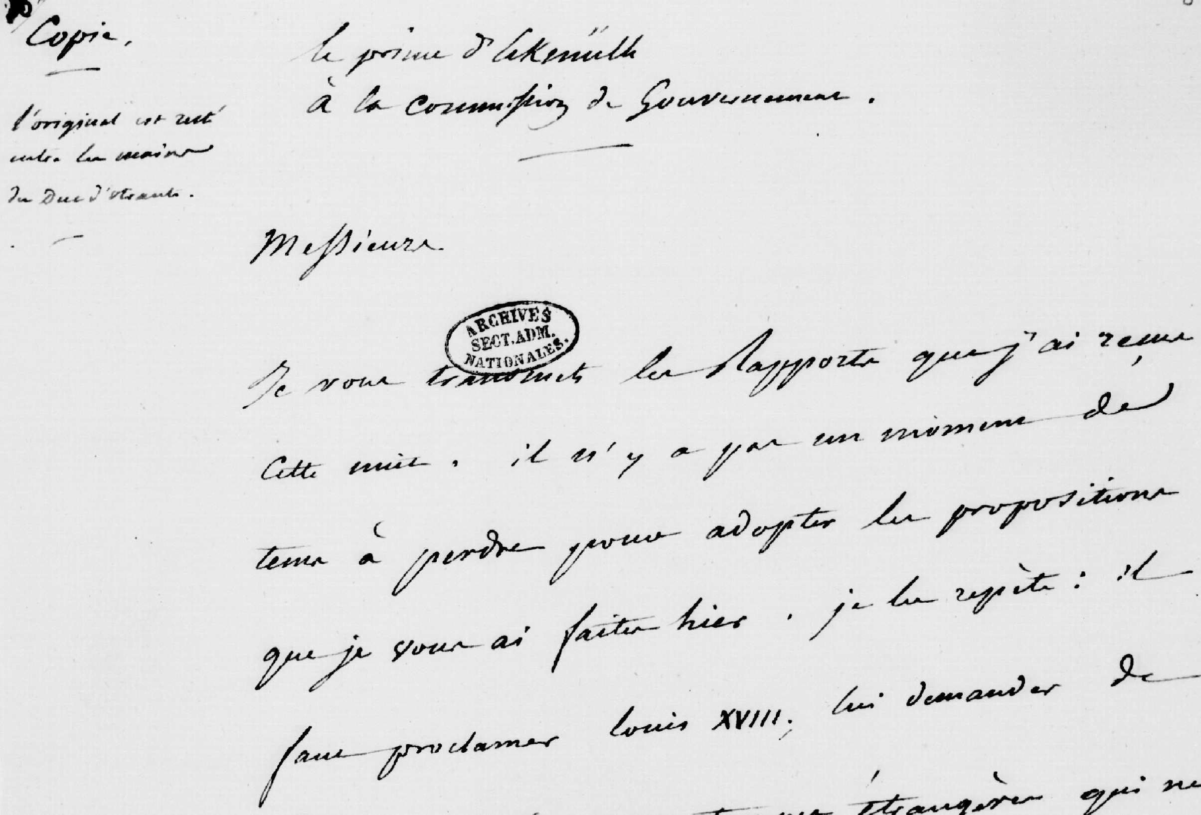 Lettre de Davout, ministre de la Guerre à la Commission de gouvernement provisoire, 28 juin 1815